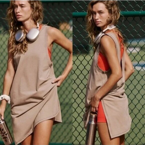 FREE PEOPLE Hot Shot Tunic Tank Dress Mocha Latte M/M Cotton & Elastane Blend - Picture 2 of 8